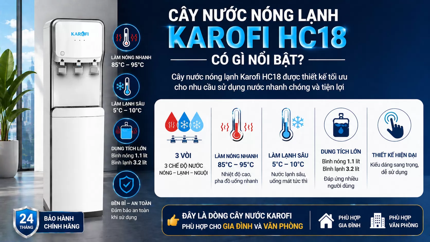 c&acirc;y nước n&oacute;ng lạnh karofi HC18 3 chế độ nước tiện lợi