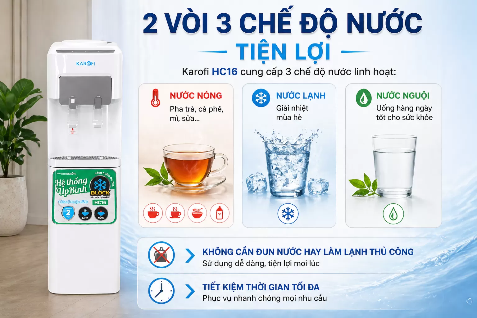 Karofi HC16 cung cấp 3 chế độ nước linh hoạt