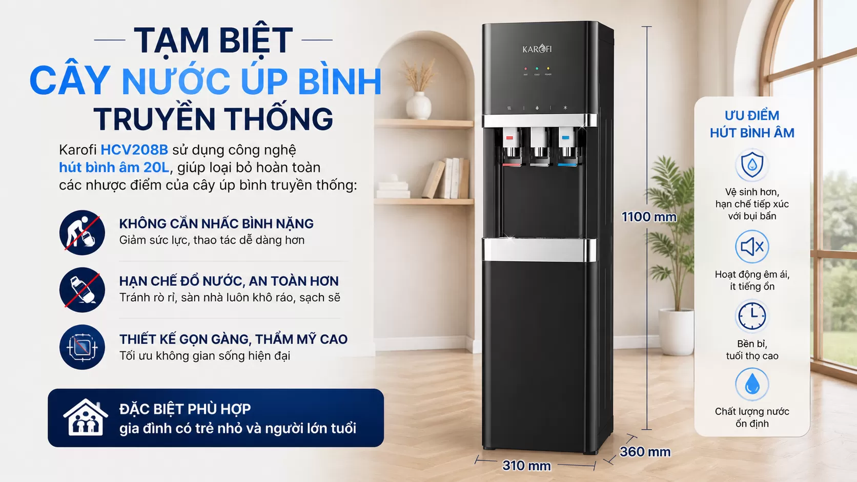 Karofi HCV208B sử dụng c&ocirc;ng nghệ h&uacute;t b&igrave;nh &acirc;m 20L, gi&uacute;p loại bỏ ho&agrave;n to&agrave;n c&aacute;c nhược điểm của c&acirc;y &uacute;p b&igrave;nh truyền thống: