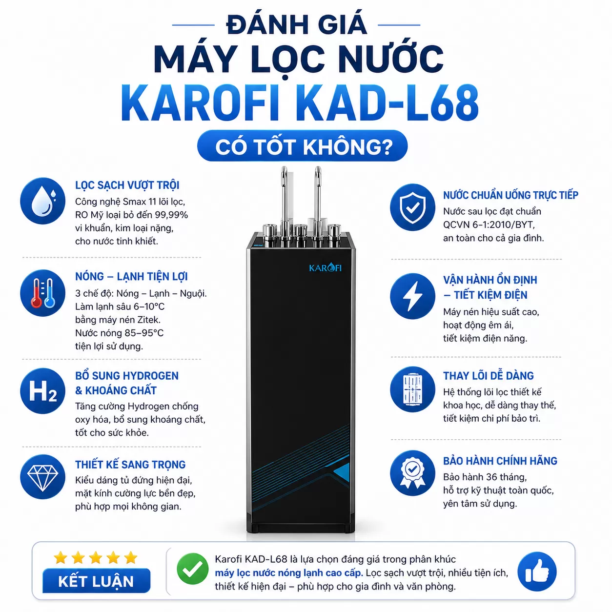 M&aacute;y lọc nước n&oacute;ng lạnh Karofi KAD-L68 được đ&aacute;nh gi&aacute; cao nhờ khả năng kết hợp lọc nước v&agrave; cung cấp nước n&oacute;ng lạnh tiện lợi