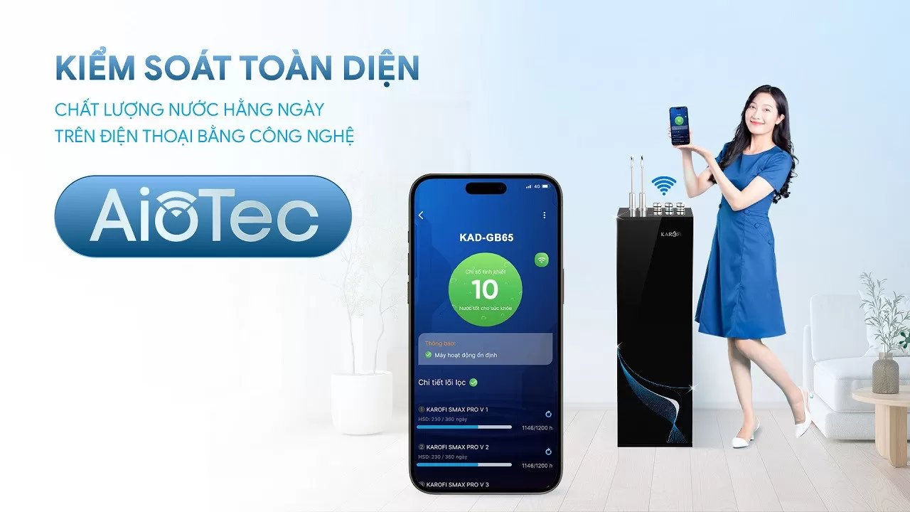 Karofi KAD-GB65 được kết nối với ứng dụng Karofi 365 gi&uacute;p người d&ugrave;ng dễ d&agrave;ng:     Kiểm tra chất lượng nước.  Theo d&otilde;i tuổi thọ l&otilde;i lọc.  Nhận cảnh b&aacute;o thay l&otilde;i.  K&iacute;ch hoạt bảo h&agrave;nh điện tử.  Theo d&otilde;i trạng th&aacute;i vận h&agrave;nh của m&aacute;y.