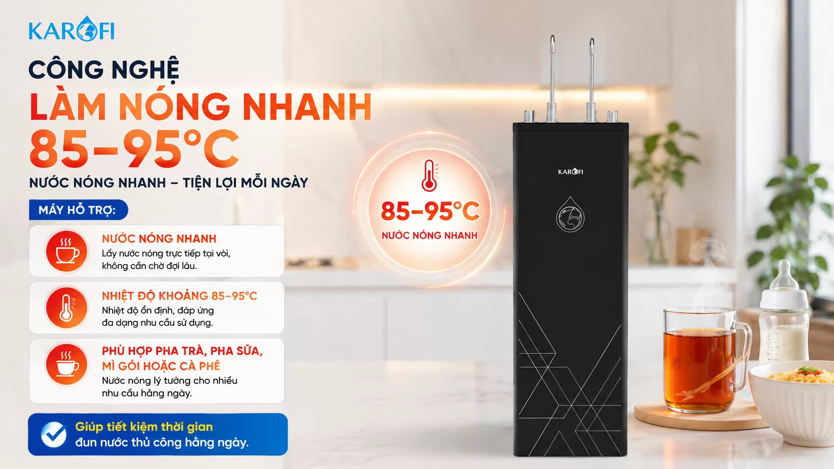Karofi KAH-D10 Công nghệ làm nóng nhanh 85–95°C