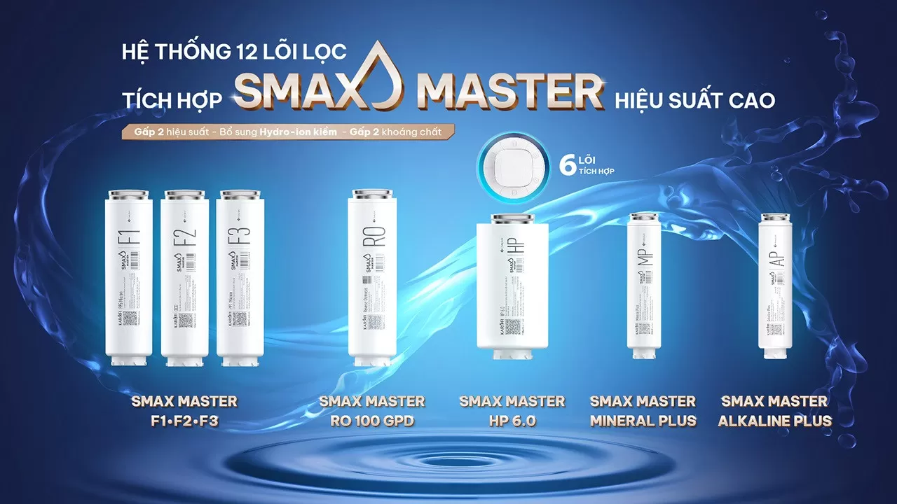 M&aacute;y lọc nước Karofi Platinum S66 sở hữu 12 l&otilde;i lọc Smax Master Hệ thống lọc nhiều tầng Hỗ trợ tối ưu hiệu suất v&agrave; tuổi thọ l&otilde;i lọc