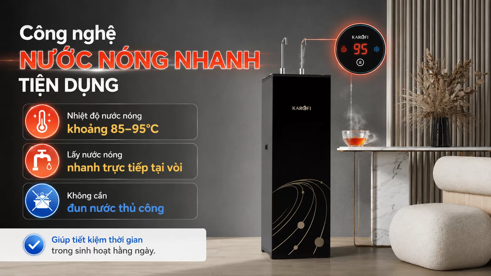 Karofi KAH-D15 công nghệ làm nóng nhanh Nhiệt độ nước nóng khoảng 85–95°C