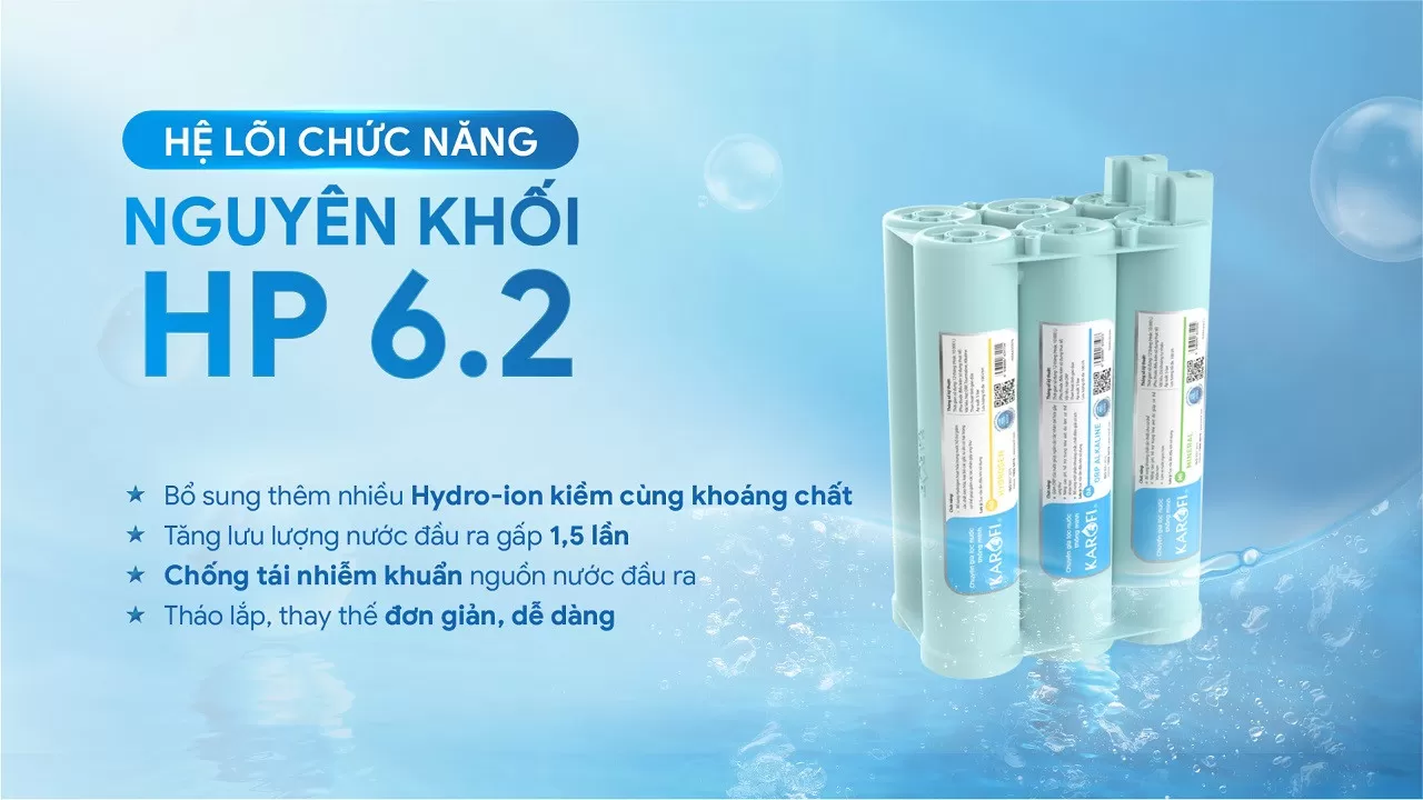 nước tiếp tục đi qua hệ l&otilde;i HP 6.2 v&agrave; l&otilde;i Nano Hydro-ion kiềm.