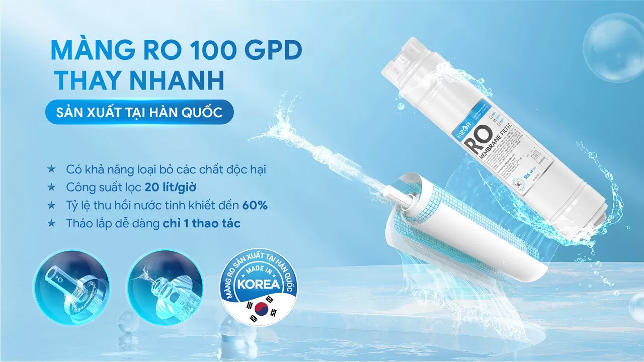 M&agrave;ng RO 100 GPD được sản xuất tại H&agrave;n Quốc với khả năng lọc mạnh mẽ v&agrave; ổn định.