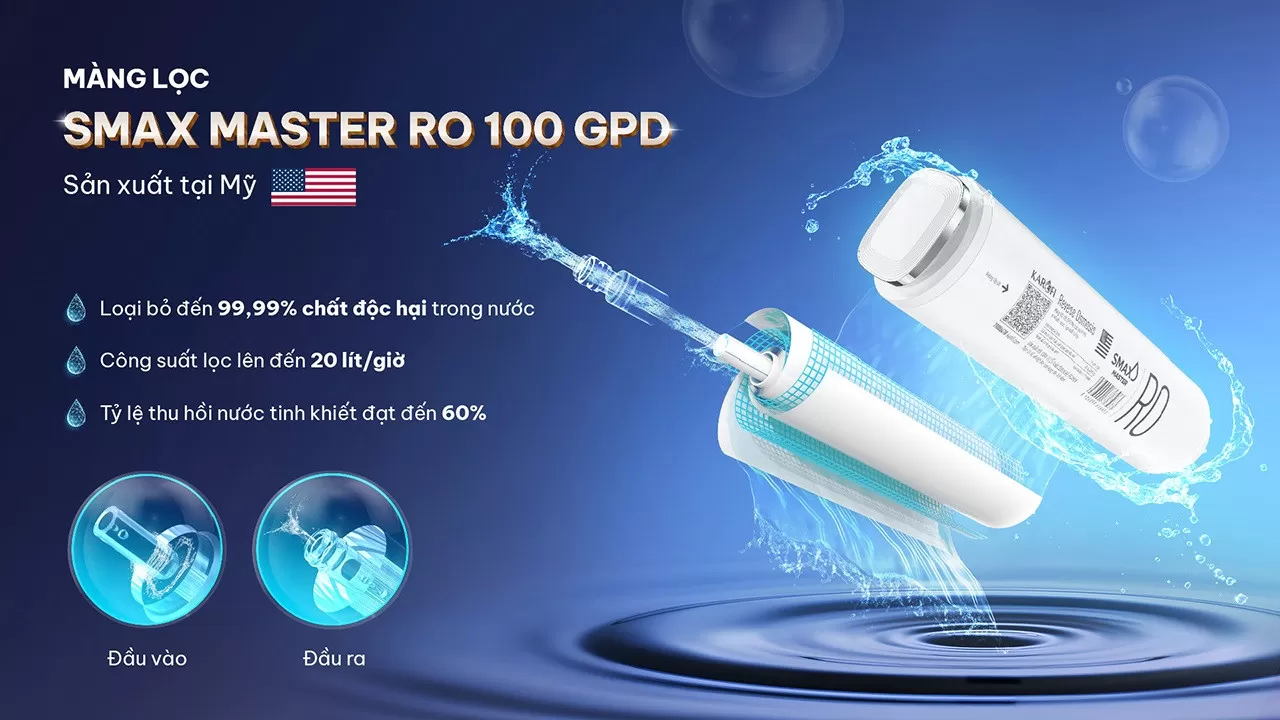 Karofi Platinum S66 Sử dụng M&agrave;ng RO 100 GPD sản xuất tại Mỹ