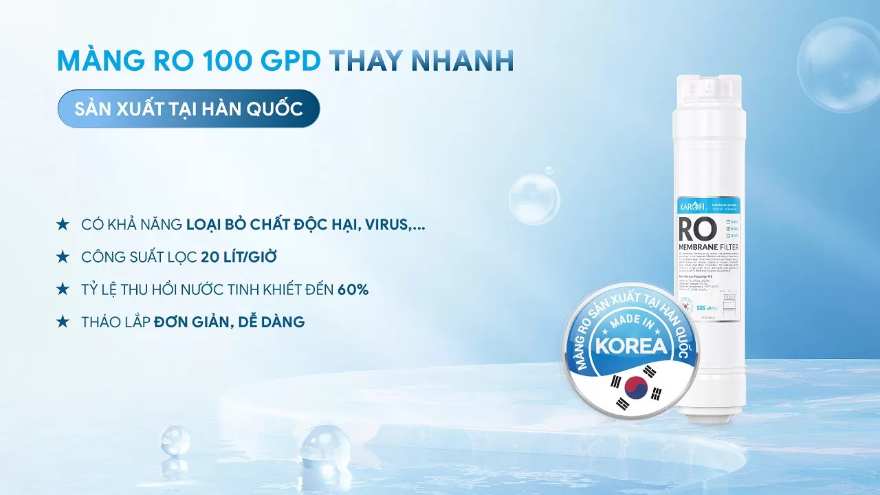 Karofi KAD-GB65 sử dụng m&agrave;ng RO 100 GPD nhập khẩu H&agrave;n Quốc với khả năng:     Loại bỏ vi khuẩn v&agrave; nhiều tạp chất trong nước.  C&ocirc;ng suất lọc khoảng 20 l&iacute;t/giờ.  Tỷ lệ thu hồi nước tinh khiế l&ecirc;n tới 60%. Thiết kế thay nhanh dễ bảo dưỡng.