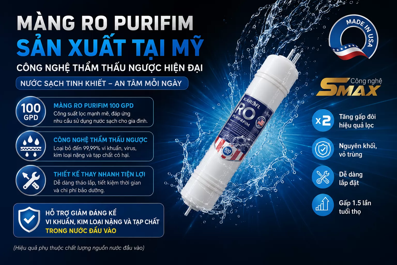 Karofi KAH-D10 Sử Dụng Màng RO Purifim sản xuất tại Mỹ