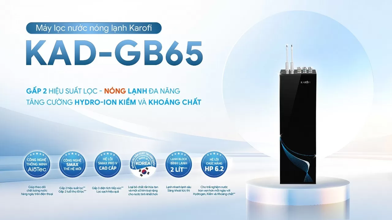 M&aacute;y lọc nước n&oacute;ng lạnh Karofi KAD-GB65 l&agrave; d&ograve;ng m&aacute;y lọc nước RO cao cấp thế hệ mới của Karofi, t&iacute;ch hợp đồng thời 3 chế độ nước N&oacute;ng &ndash; Lạnh &ndash; Nguội