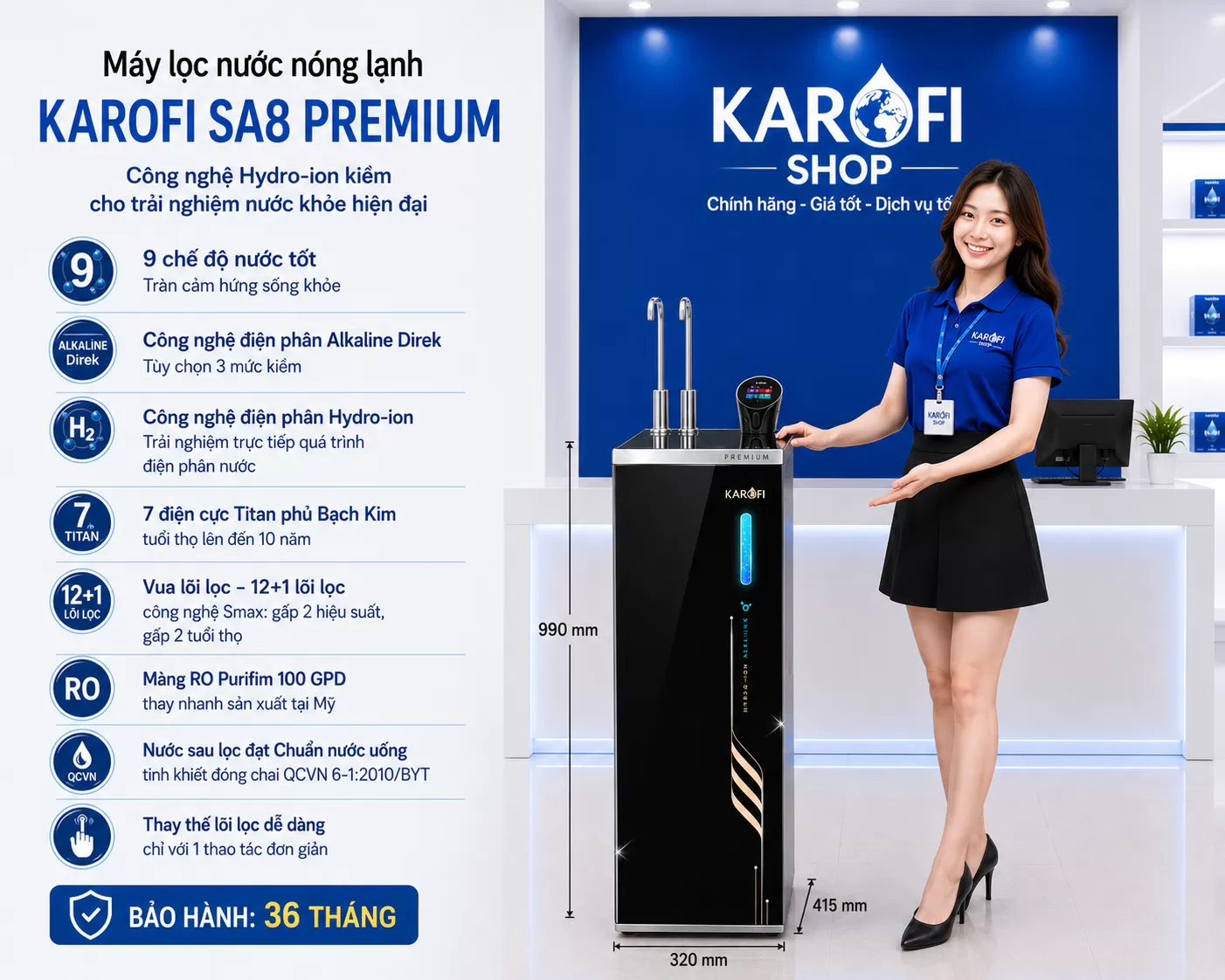 M&aacute;y lọc nước n&oacute;ng lạnh Karofi SA8 Premium &ndash; C&ocirc;ng nghệ Hydro-ion kiềm cho trải nghiệm nước khỏe hiện đại