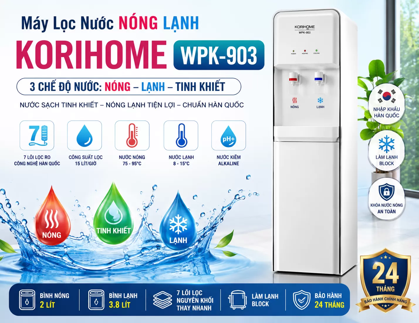 Gi&aacute; M&aacute;y lọc nước n&oacute;ng lạnh Korihome WPK-903