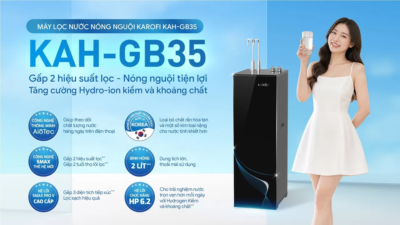 M&aacute;y lọc nước n&oacute;ng nguội Karofi KAH-GB35 l&agrave; d&ograve;ng m&aacute;y lọc nước RO thế hệ mới được trang bị 11 l&otilde;i lọc Smax hiệu suất cao