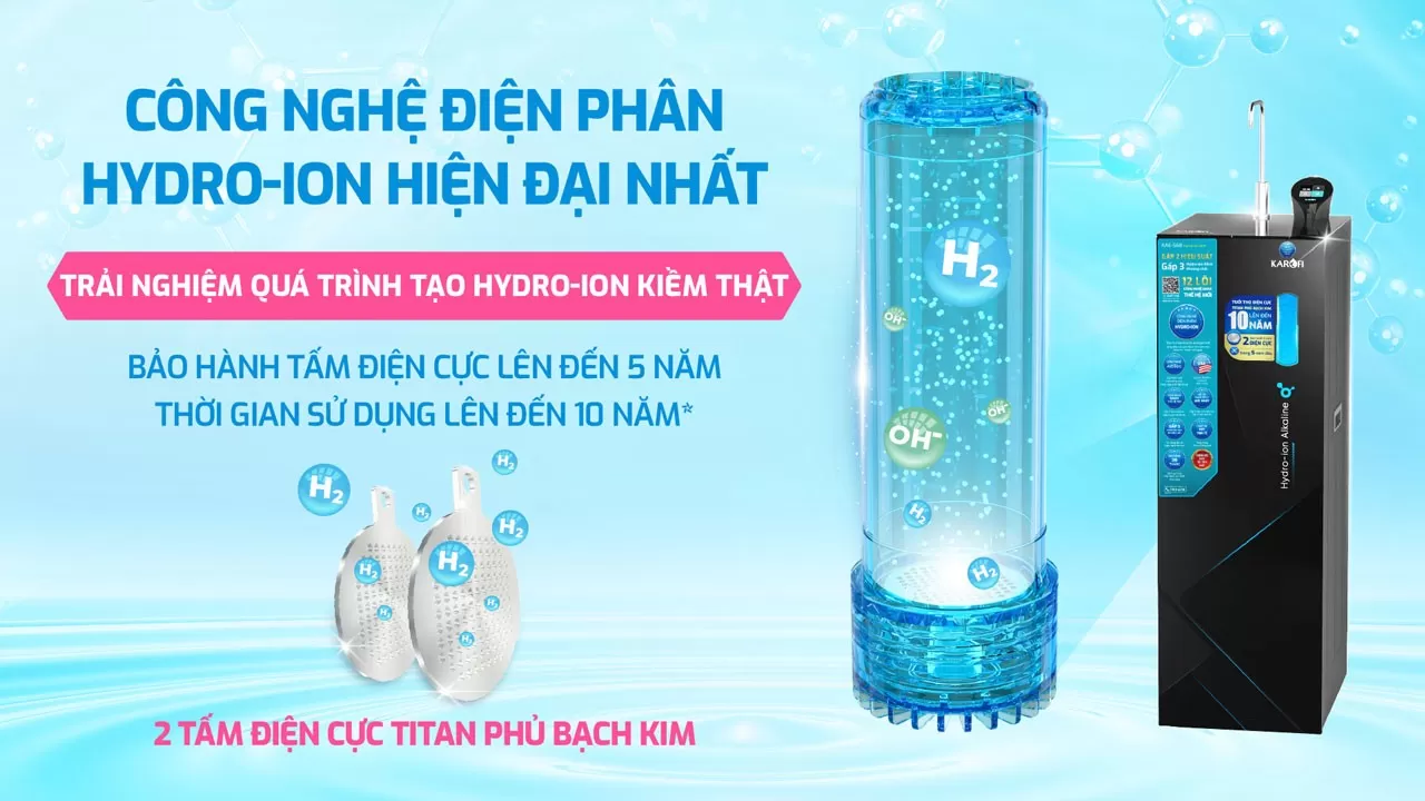 Karofi KAE-S68 được t&iacute;ch hợp C&ocirc;ng nghệ điện ph&acirc;n Hydro-ion Điện cực Titanium phủ Bạch Kim Thiết kế điện cực hỗ trợ n&acirc;ng cao hiệu suất điện ph&acirc;n
