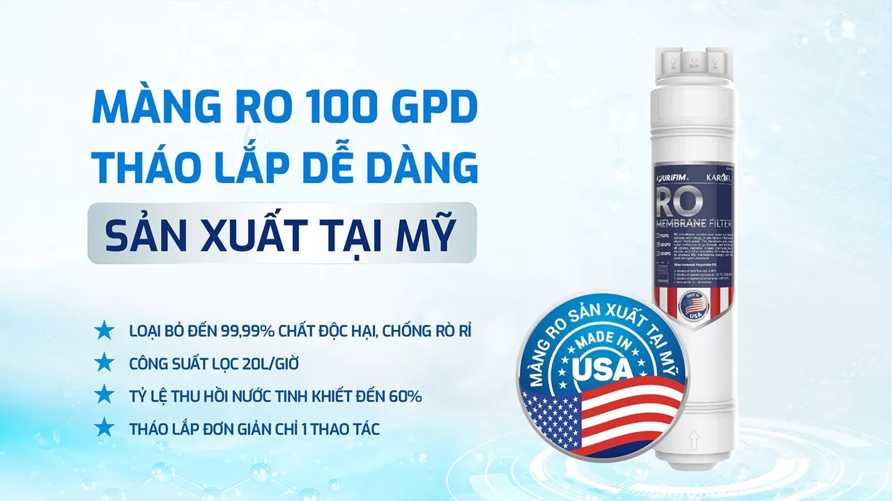 Karofi KAE-S68 Pro sử dụng M&agrave;ng RO thay nhanh 100 GPD C&ocirc;ng nghệ thẩm thấu ngược hiện đại C&ocirc;ng suất lọc khoảng 10L/giờ