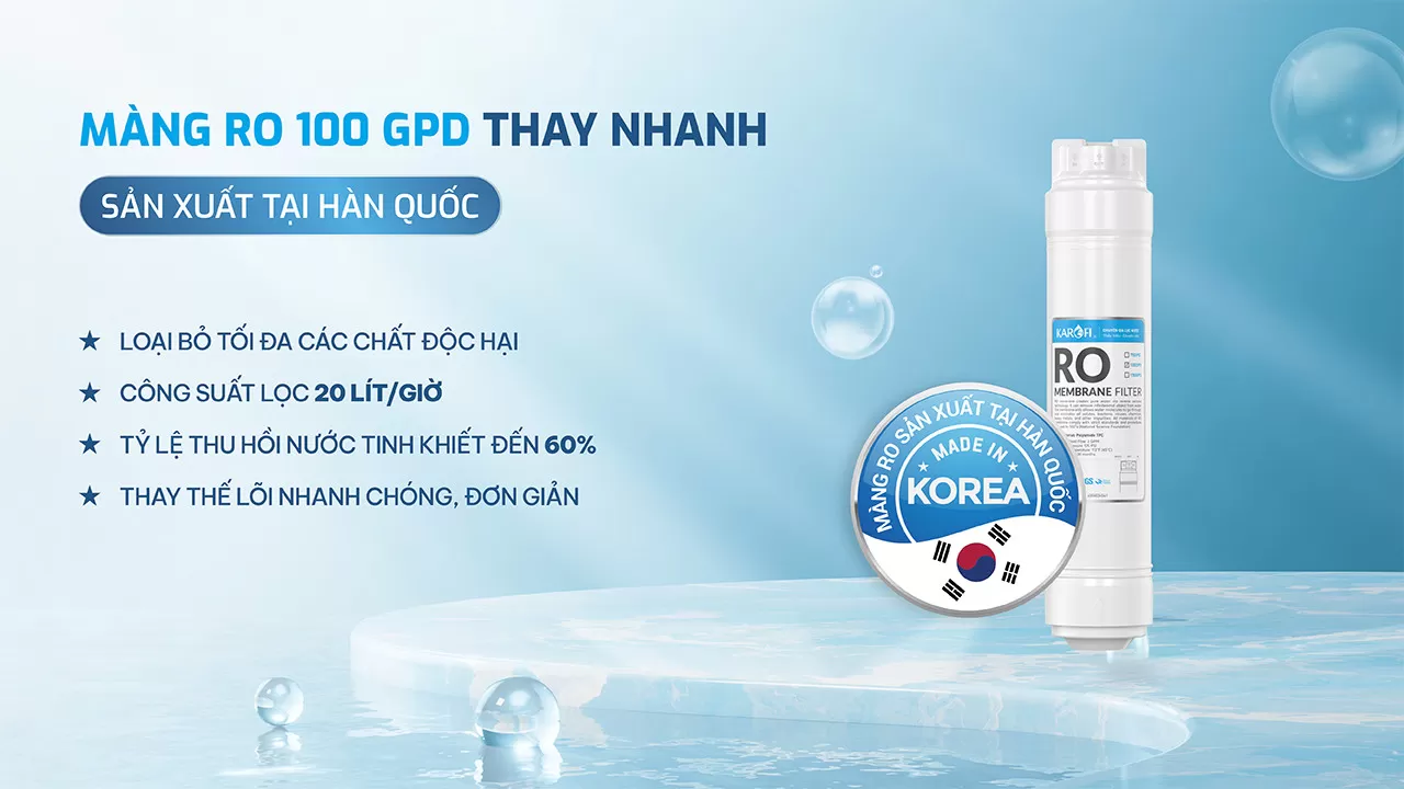 M&aacute;y Karofi GB15 sử dụng m&agrave;ng lọc RO 100 GPD nhập khẩu từ H&agrave;n Quốc với khả năng: