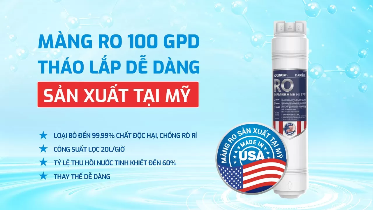 Karofi KAE-S68 sử dụng M&agrave;ng RO thay nhanh 100 GPD C&ocirc;ng nghệ thẩm thấu ngược hiện đại C&ocirc;ng suất lọc khoảng 20L/giờ