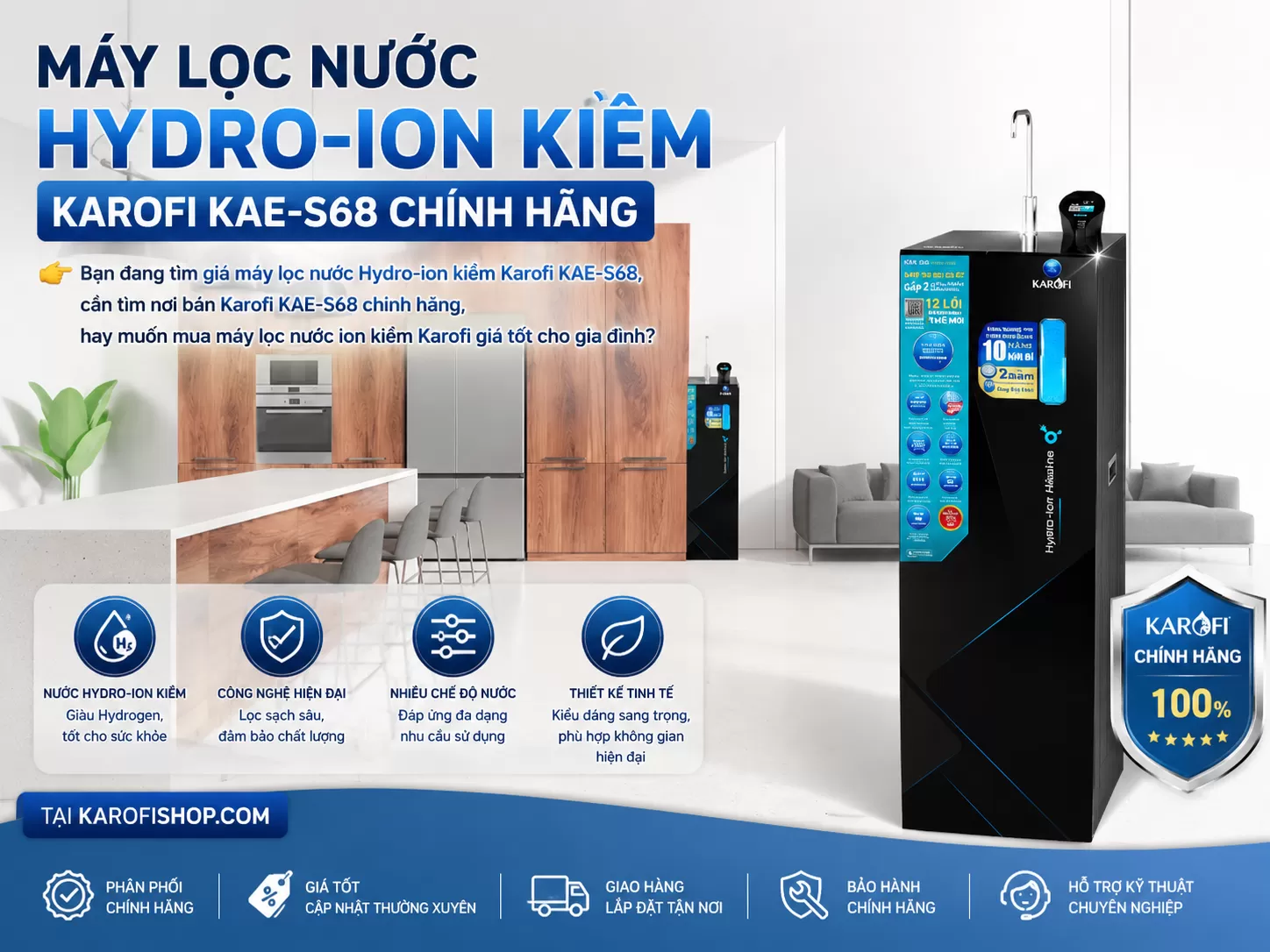 M&aacute;y lọc nước Hydro-ion kiềm Karofi KAE-S68 ch&iacute;nh h&atilde;ng