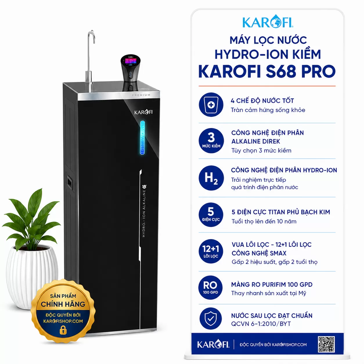 Máy lọc nước Hydro-ion Kiềm Karofi S68 Pro