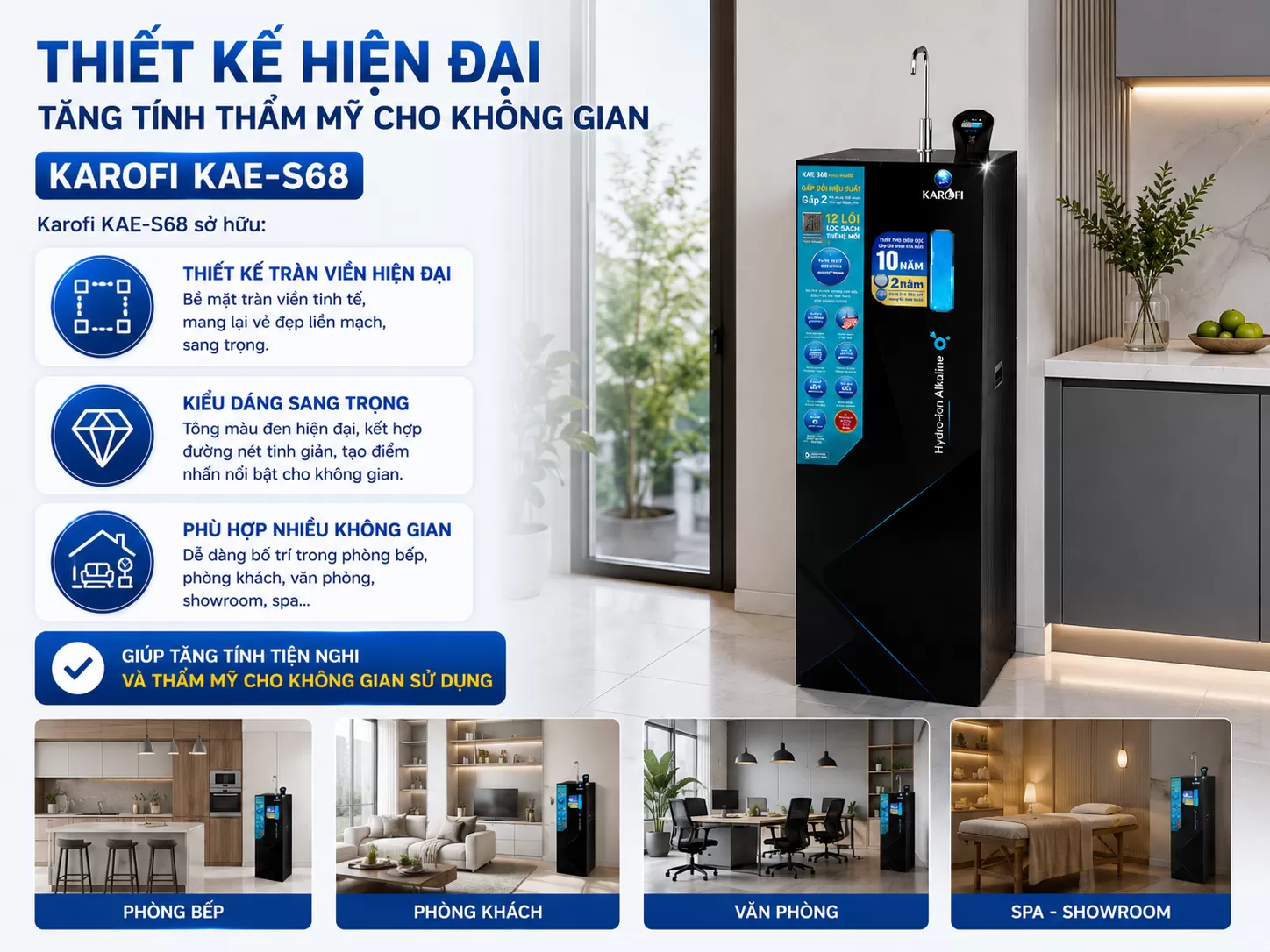 Karofi KAE-S68 sở hữu Thiết kế tr&agrave;n viền hiện đại Kiểu d&aacute;ng sang trọng Ph&ugrave; hợp nhiều kh&ocirc;ng gian nội thất gia đ&igrave;nh
