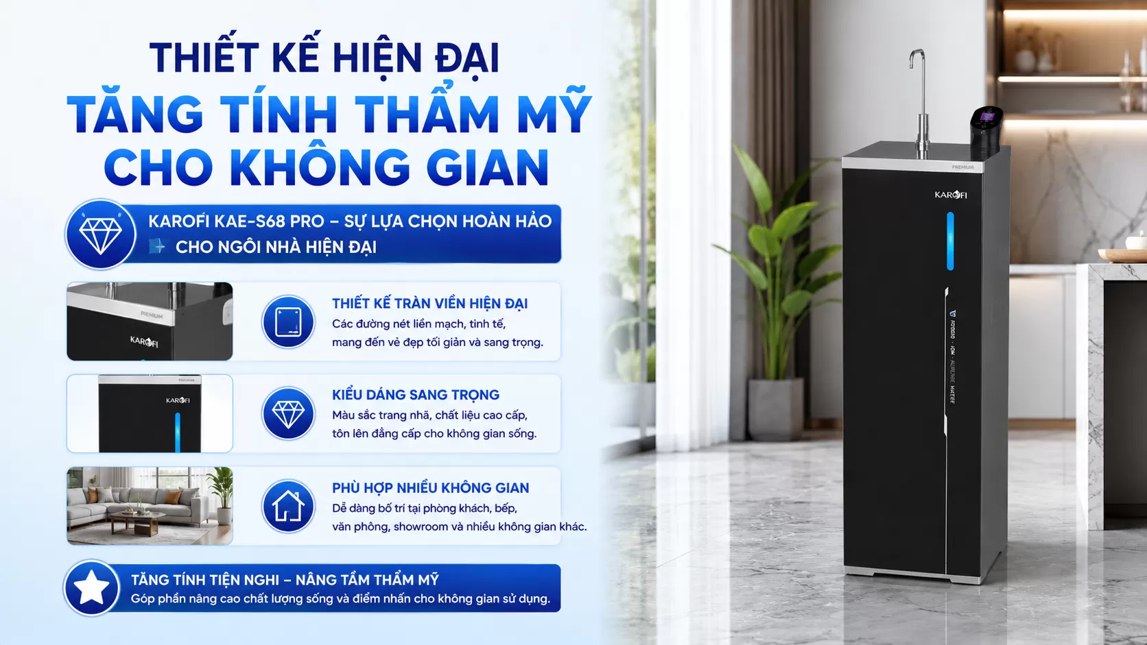Karofi KAE-S68 Pro sở hữu Thiết kế tr&agrave;n viền hiện đại Kiểu d&aacute;ng sang trọng Ph&ugrave; hợp nhiều kh&ocirc;ng gian nội thất gia đ&igrave;nh