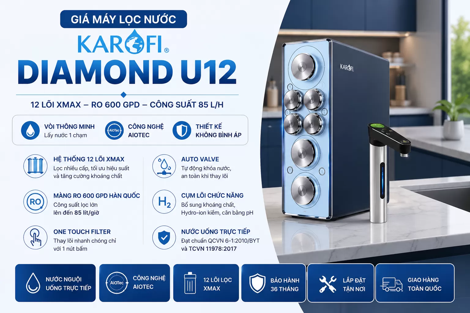 Gi&aacute; m&aacute;y lọc nước Karofi Diamond U12