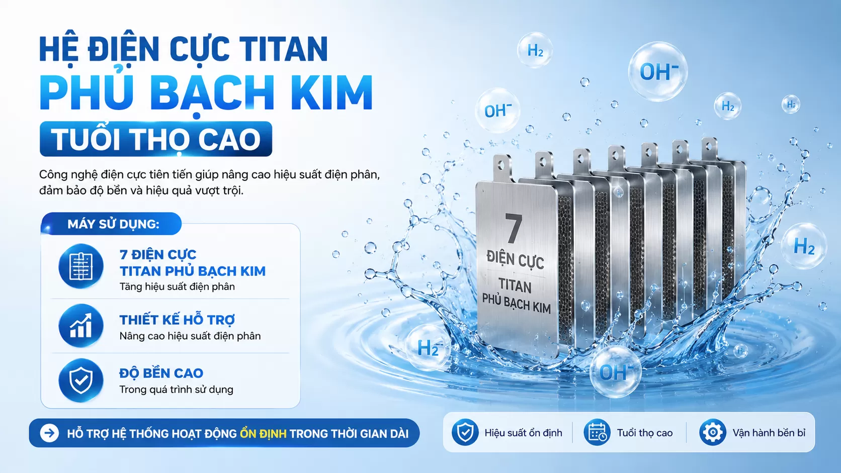 Hệ điện cực Titan phủ Bạch Kim tuổi thọ cao
