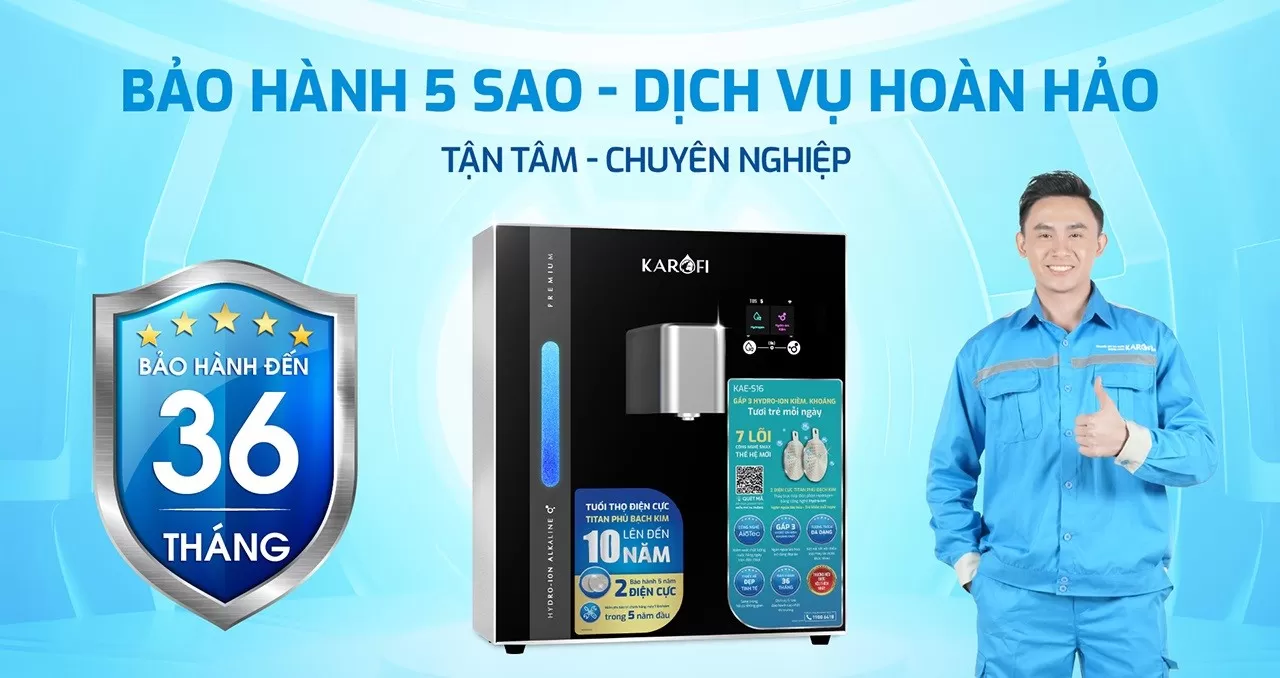 Karofi KAE-S16 được &aacute;p dụng:  Bảo h&agrave;nh m&aacute;y 36 th&aacute;ng Bảo h&agrave;nh điện cực 5 năm Hỗ trợ bảo dưỡng định kỳ theo ch&iacute;nh s&aacute;ch h&atilde;ng