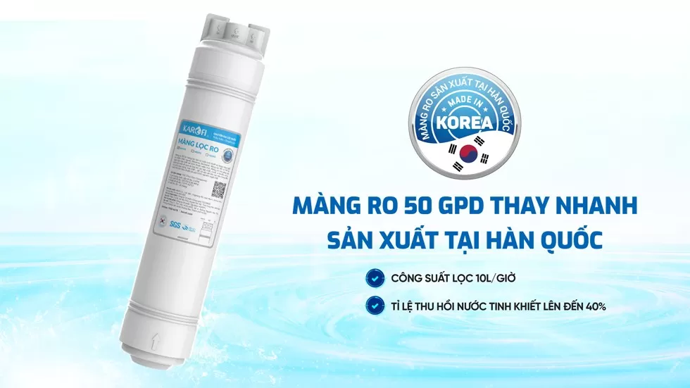 Karofi u50k sử dụng m&agrave;ng đ&uacute;c karofi 50gdp c&ocirc;ng suất 10 l&iacute;t một giờ