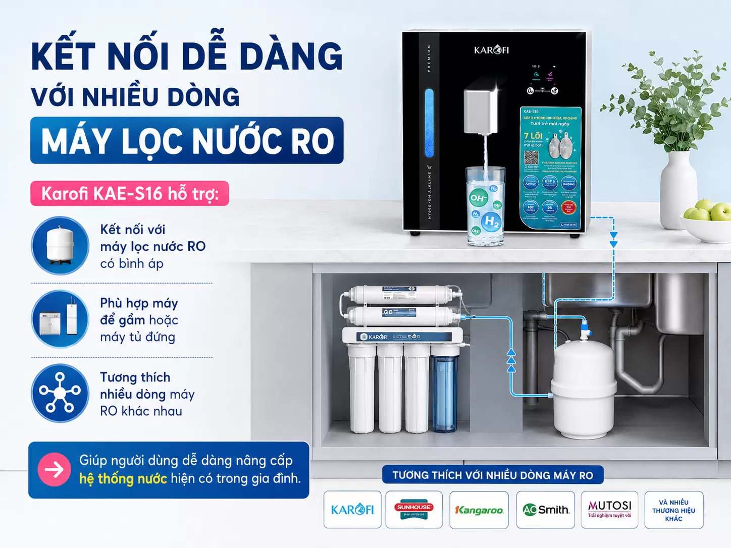 Karofi S16 Kết nối dễ d&agrave;ng với nhiều d&ograve;ng m&aacute;y lọc nước RO