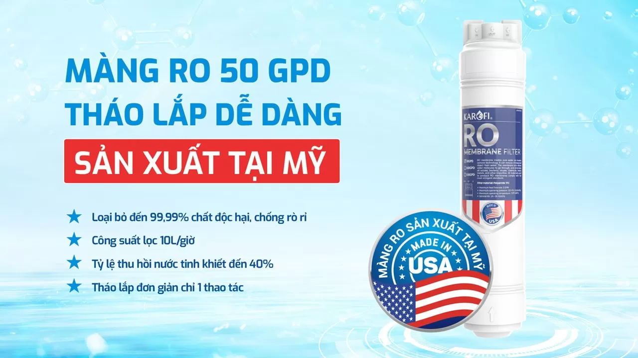 Karofi KAQ-L22 sử dụng M&agrave;ng RO thay nhanh 50 GPD C&ocirc;ng nghệ thẩm thấu ngược hiện đại C&ocirc;ng suất lọc khoảng 10L/giờ