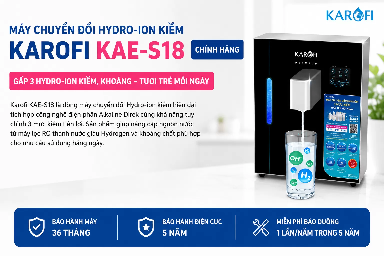 M&aacute;y chuyển đổi Hydro-ion kiềm Karofi KAE-S18 ch&iacute;nh h&atilde;ng