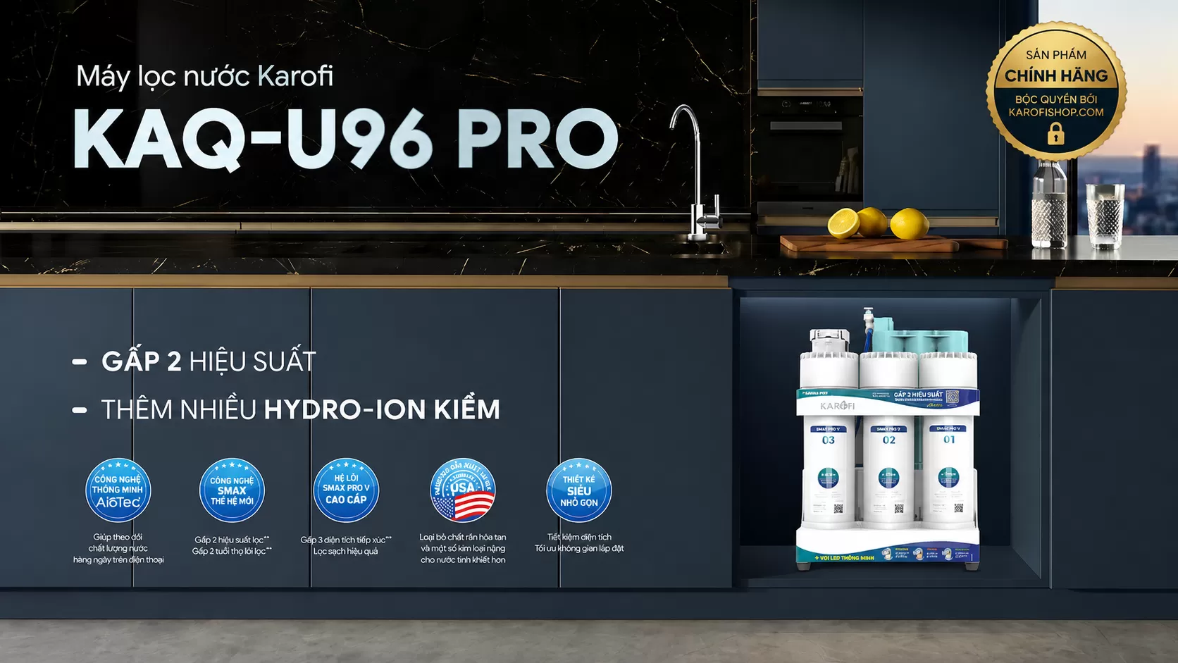 M&aacute;y Lọc Nước RO Karofi KAQ-U96 PRO 10 L&otilde;i Hydrogen AioTec Ch&iacute;nh H&atilde;ng