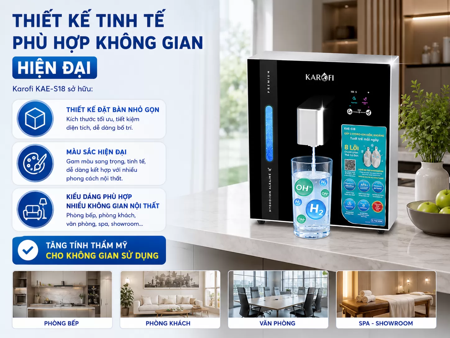 Karofi KAE-S18 sở hữu Thiết kế đặt b&agrave;n nhỏ gọn M&agrave;u sắc hiện đại Kiểu d&aacute;ng ph&ugrave; hợp nhiều kh&ocirc;ng gian nội thất