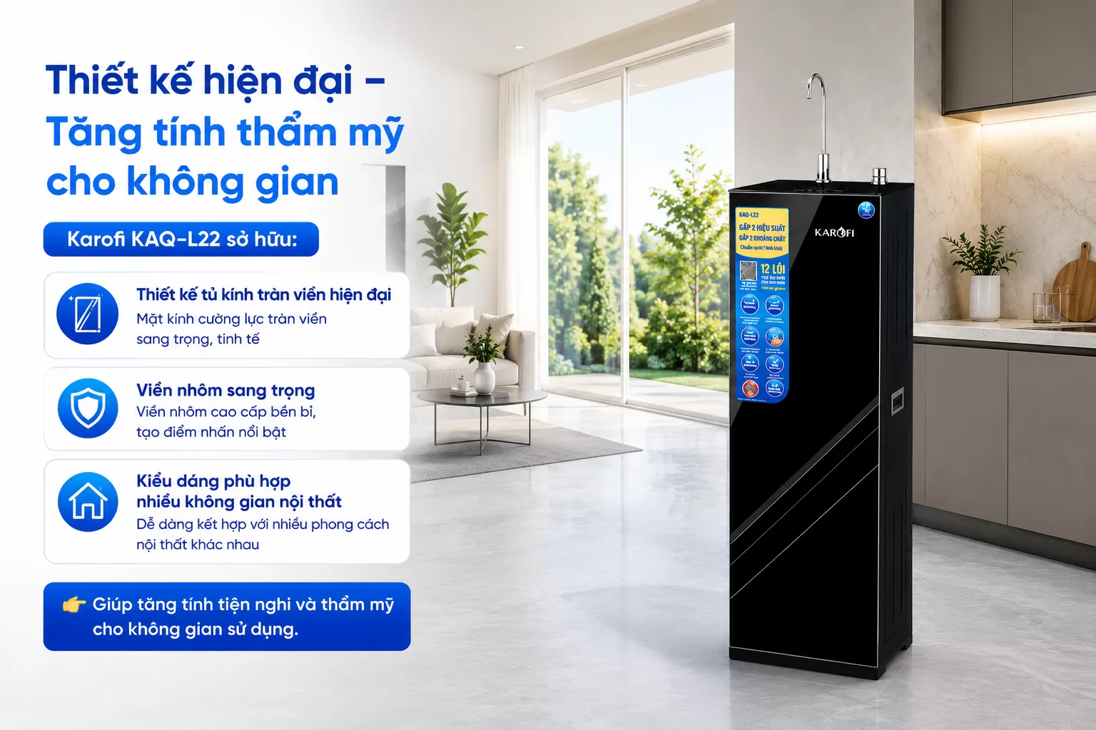 Karofi KAQ-L22 sở hữu Thiết kế tủ k&iacute;nh tr&agrave;n viền hiện đại Viền nh&ocirc;m sang trọng Kiểu d&aacute;ng ph&ugrave; hợp nhiều kh&ocirc;ng gian nội thất