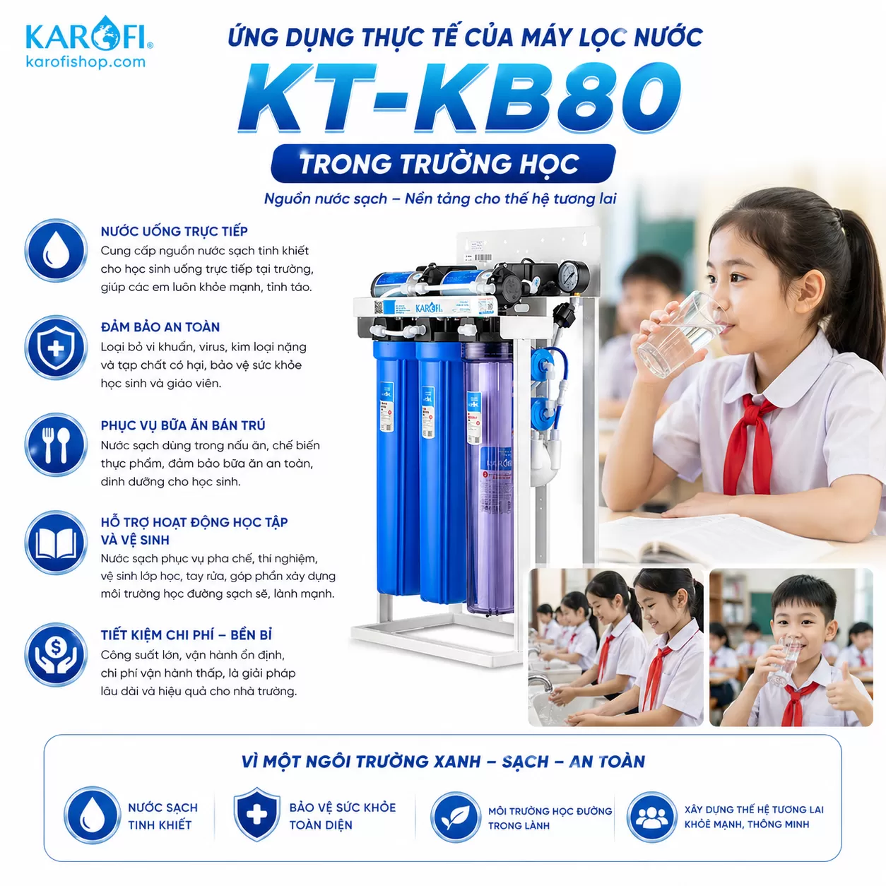 Ứng dụng thực tế của m&aacute;y lọc nước KT-KB80 trong trường học