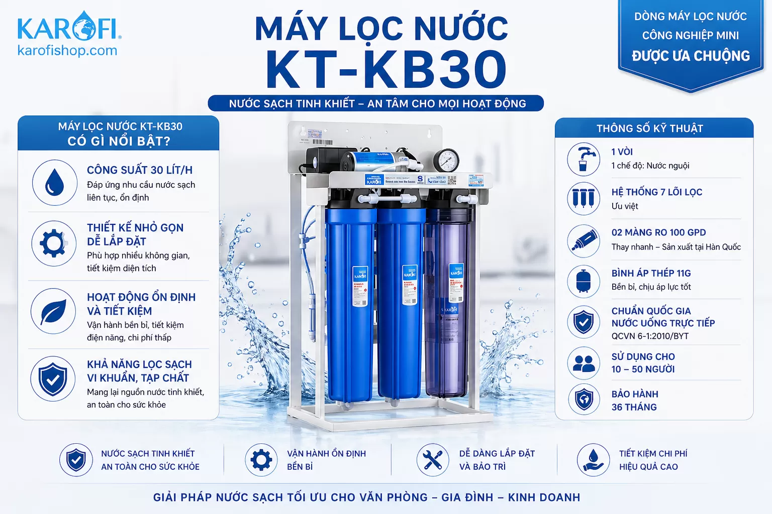 M&aacute;y lọc nước b&aacute;n c&ocirc;ng nghiệp KT-KB30 được thiết kế tối ưu cho nhu cầu sử dụng nước quy m&ocirc; nhỏ