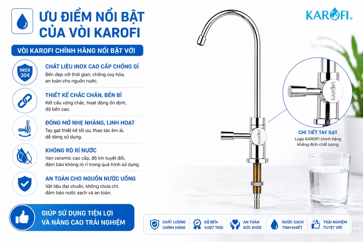 V&ograve;i Karofi ch&iacute;nh h&atilde;ng nổi bật với  Chất liệu inox cao cấp chống gỉ Thiết kế chắc chắn, bền bỉ Đ&oacute;ng mở nhẹ nh&agrave;ng, linh hoạt Kh&ocirc;ng r&ograve; rỉ nước An to&agrave;n cho nguồn nước uống
