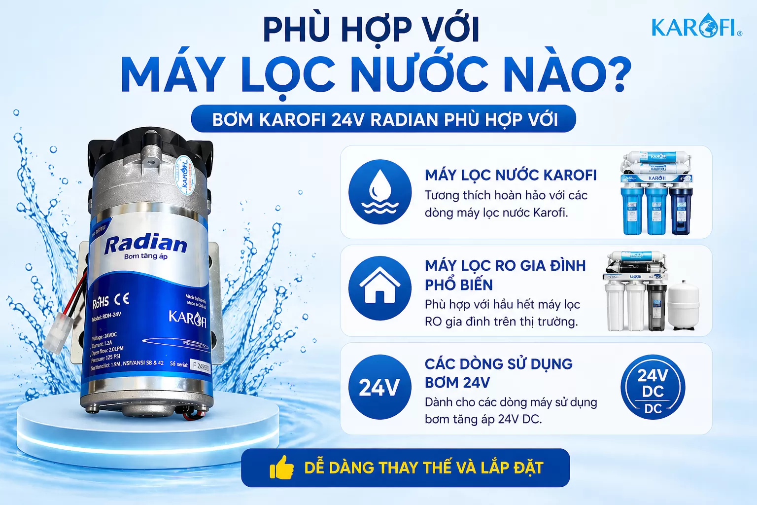 Bơm Karofi 24V Radian ph&ugrave; hợp với  M&aacute;y lọc nước Karofi M&aacute;y lọc RO gia đ&igrave;nh phổ biến C&aacute;c d&ograve;ng sử dụng bơm 24V
