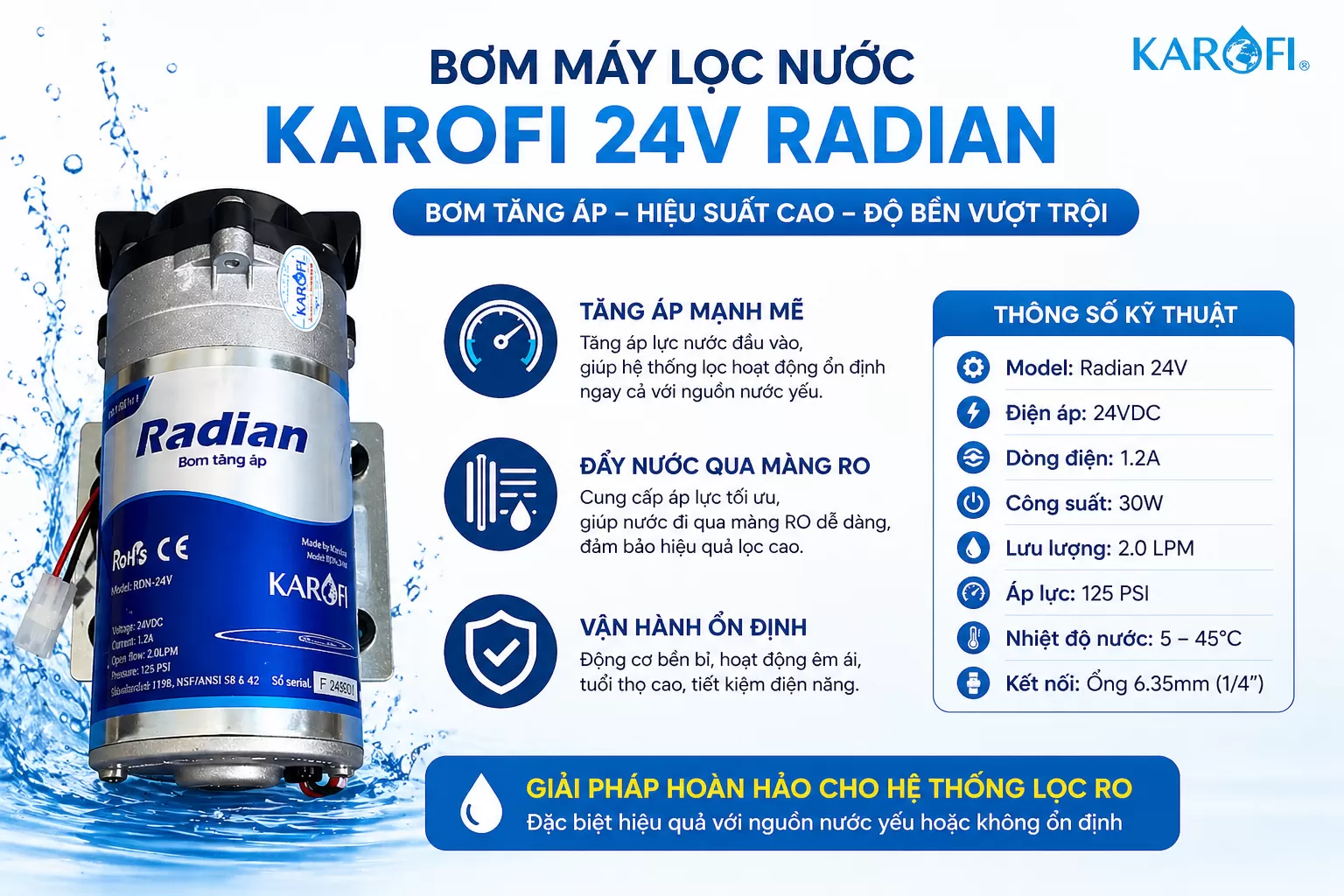 Gi&aacute; bơm m&aacute;y lọc nước Karofi 24V Radian hiện nay