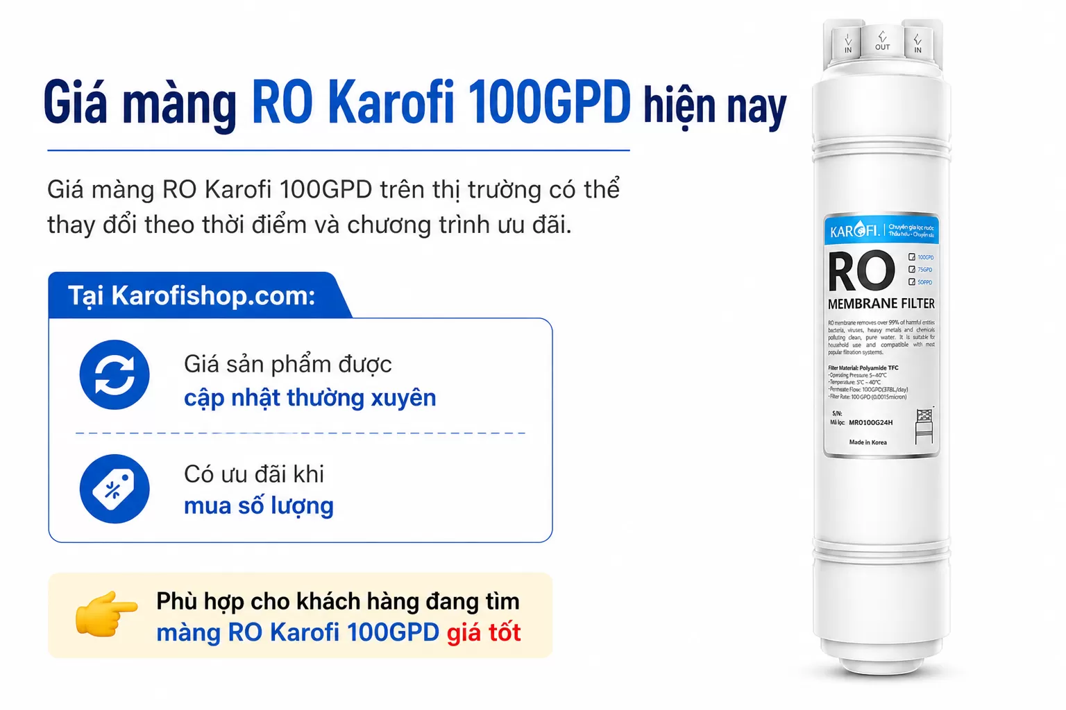 Gi&aacute; m&agrave;ng RO Karofi 100GPD tr&ecirc;n thị trường c&oacute; thể thay đổi theo thời điểm v&agrave; chương tr&igrave;nh ưu đ&atilde;i.