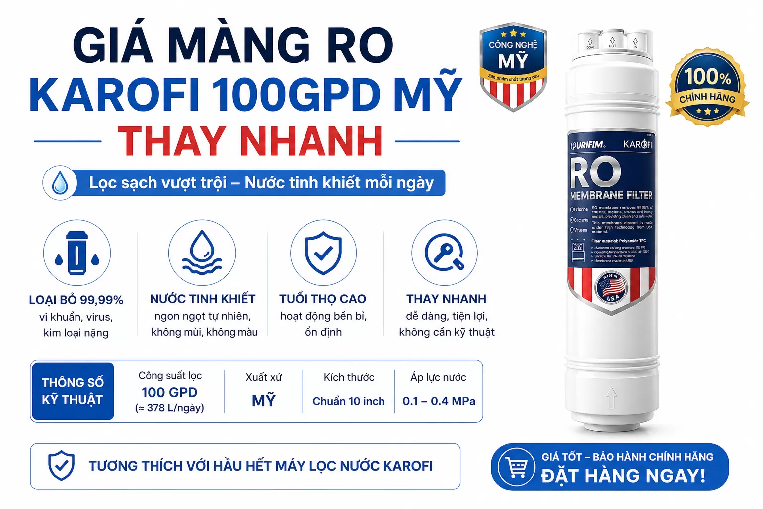 Gi&aacute; M&agrave;ng RO Karofi 100GPD Mỹ thay nhanh hiện nay