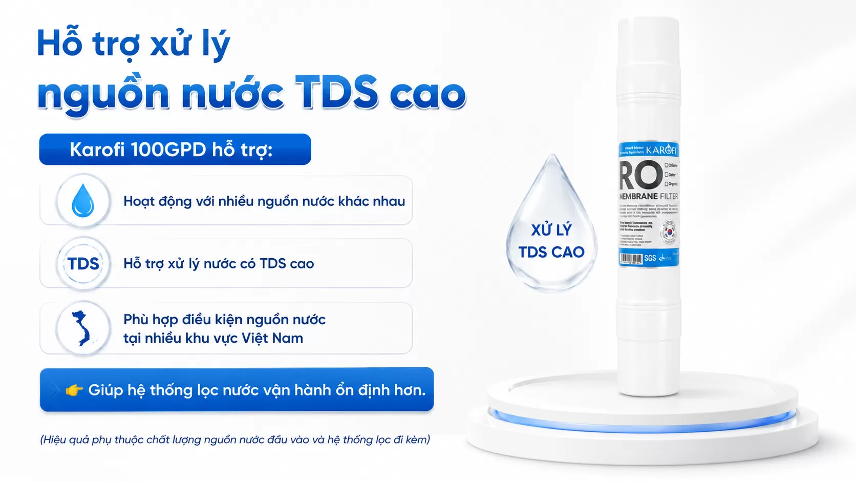 M&agrave;ng RO Karofi 100GPD hỗ trợ Hoạt động với nhiều nguồn nước kh&aacute;c nhau Hỗ trợ xử l&yacute; nước c&oacute; TDS cao Ph&ugrave; hợp điều kiện nguồn nước tại nhiều khu vực Việt Nam