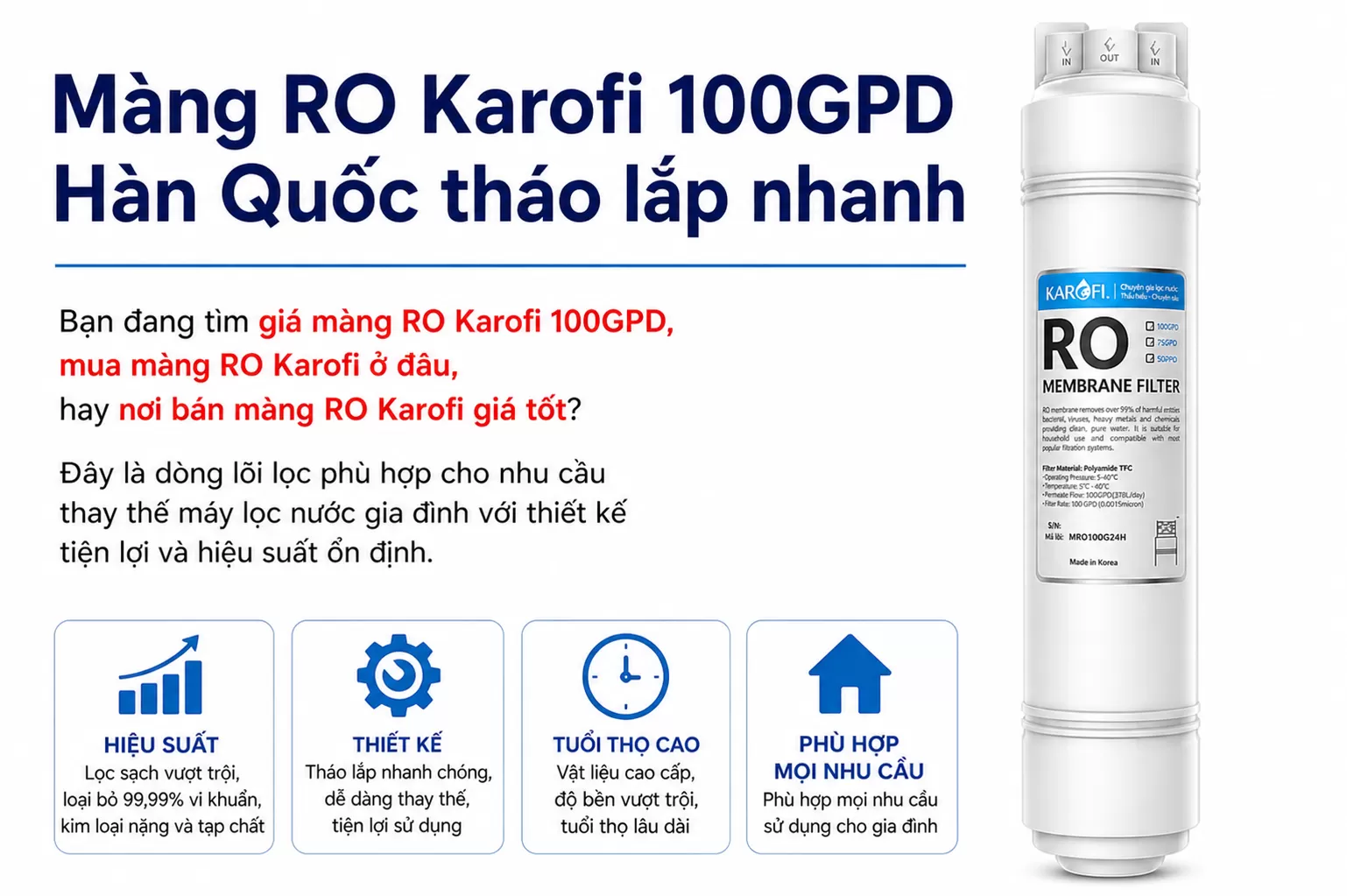 M&agrave;ng RO Karofi 100GPD H&agrave;n Quốc th&aacute;o lắp nhanh