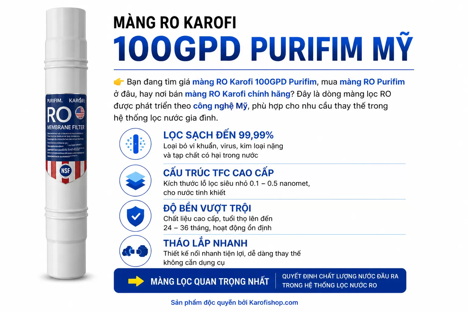M&agrave;ng RO Karofi 100GPD Purifim Mỹ