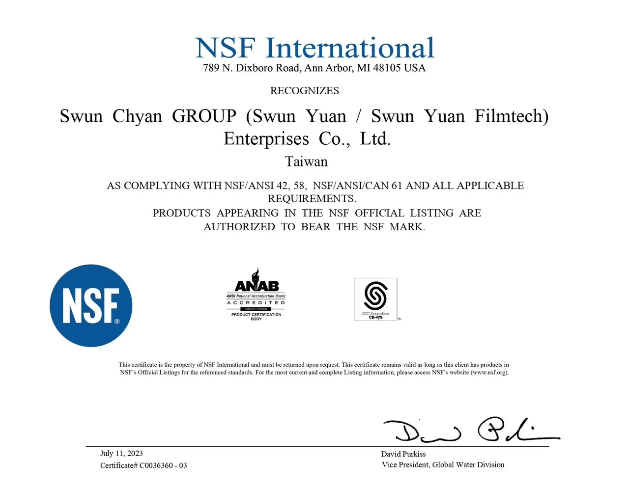 M&agrave;ng RO Clean Pure TW-3012-500 đạt chứng nhận chất lượng từ NSF International d&agrave;nh cho Swun Chyan GROUP (Đ&agrave;i Loan).