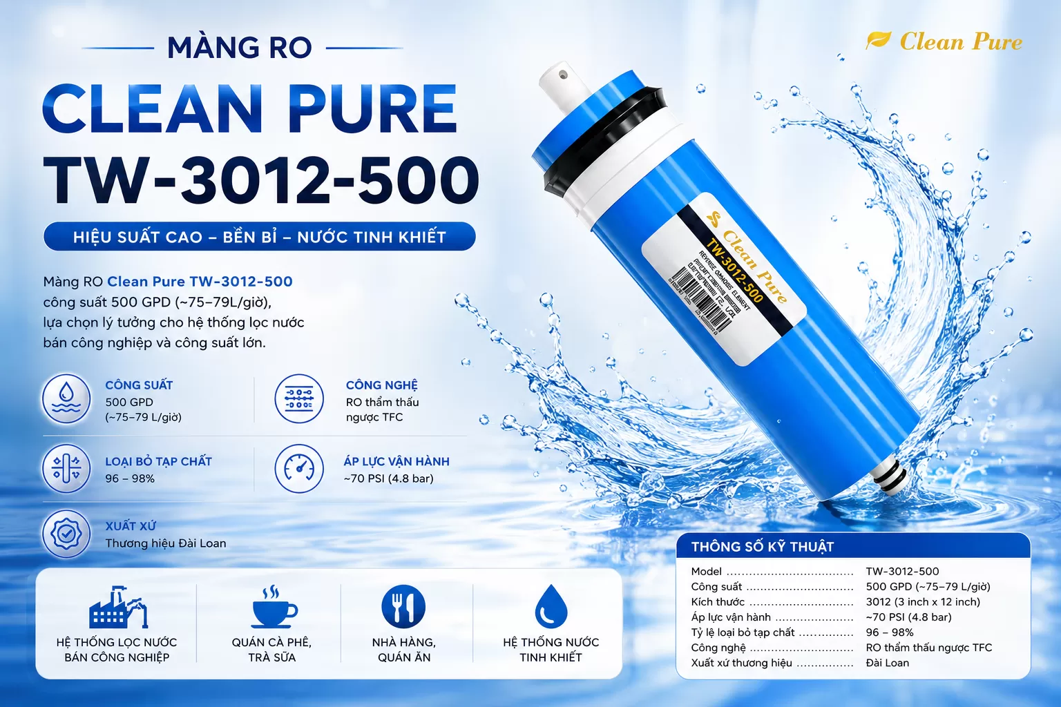 M&agrave;ng RO Clean Pure TW-3012-500 ch&iacute;nh h&atilde;ng